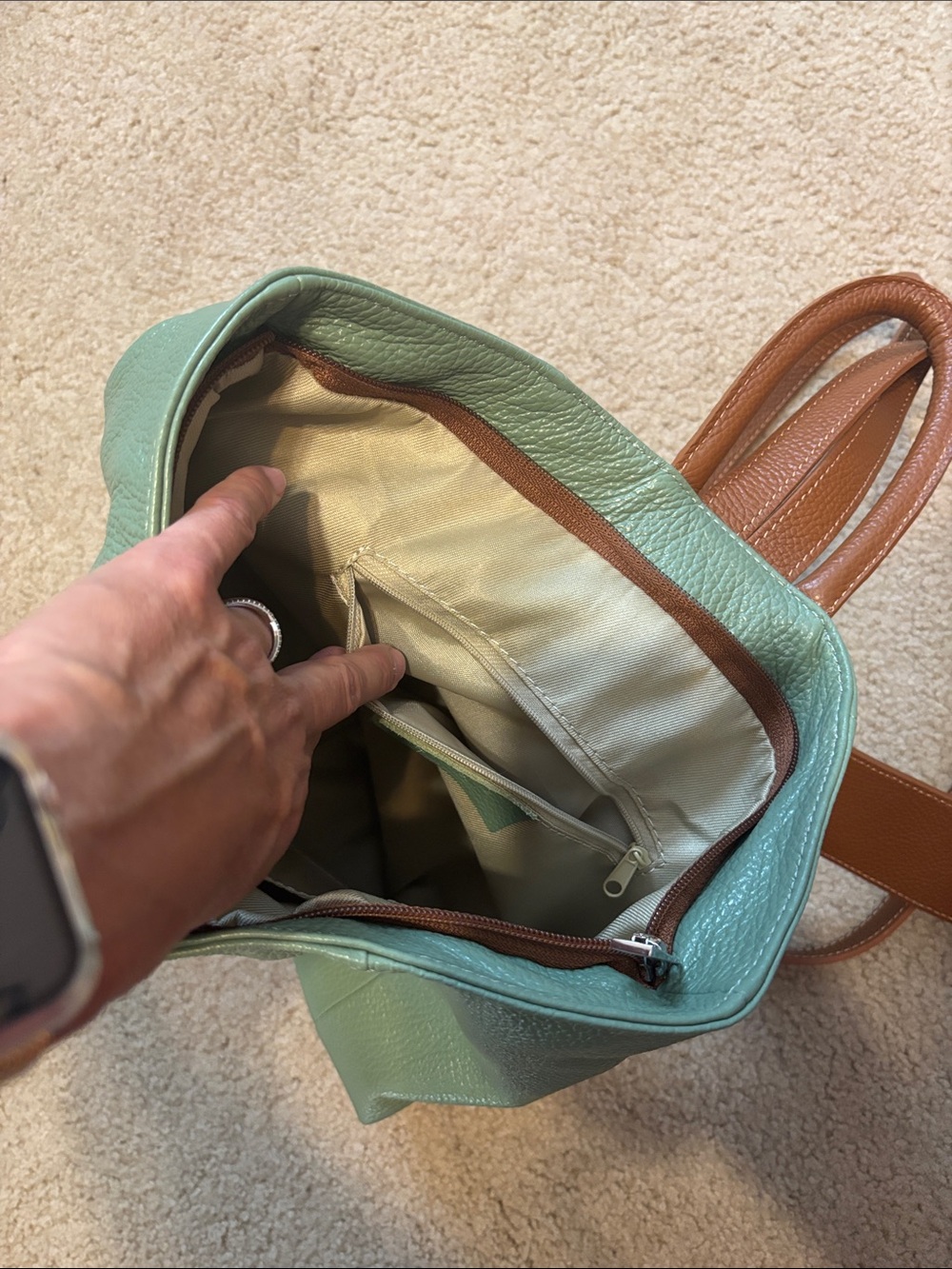 Two Toned Leather Backpack with Wrap Closure - Picture 6 of 7